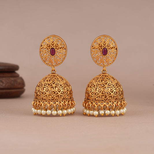 Beautiful filigree antqiue gold pearl drop jhumka earring