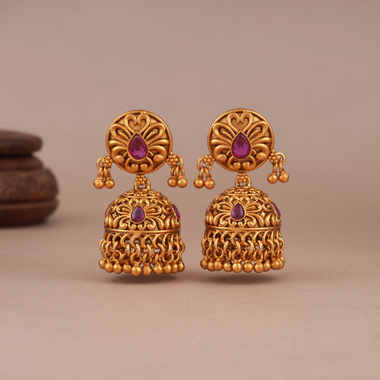 Cute ruby stone antique gold jhumka earring