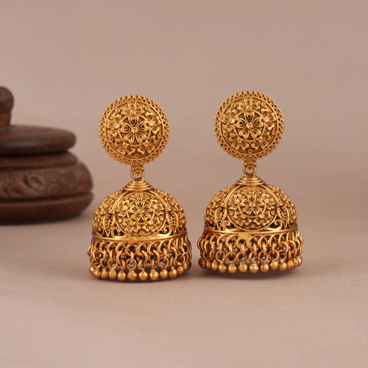 Royal antique gold plain carving jhumka earring