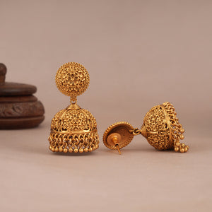 Royal antique gold plain carving jhumka earring