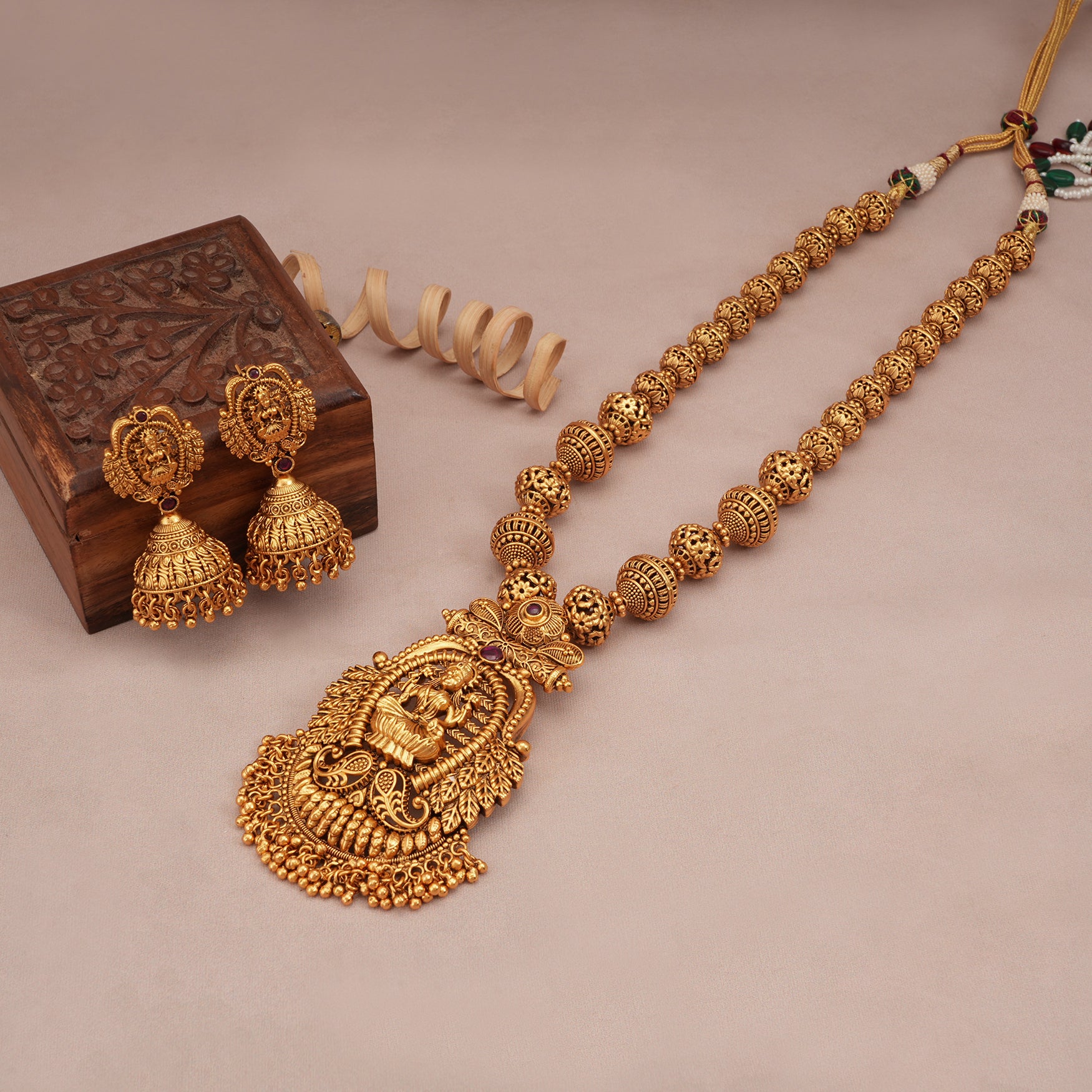 Amazing antique gold long maa lakshmi necklace set with jhumka earring I Temple Jewellery