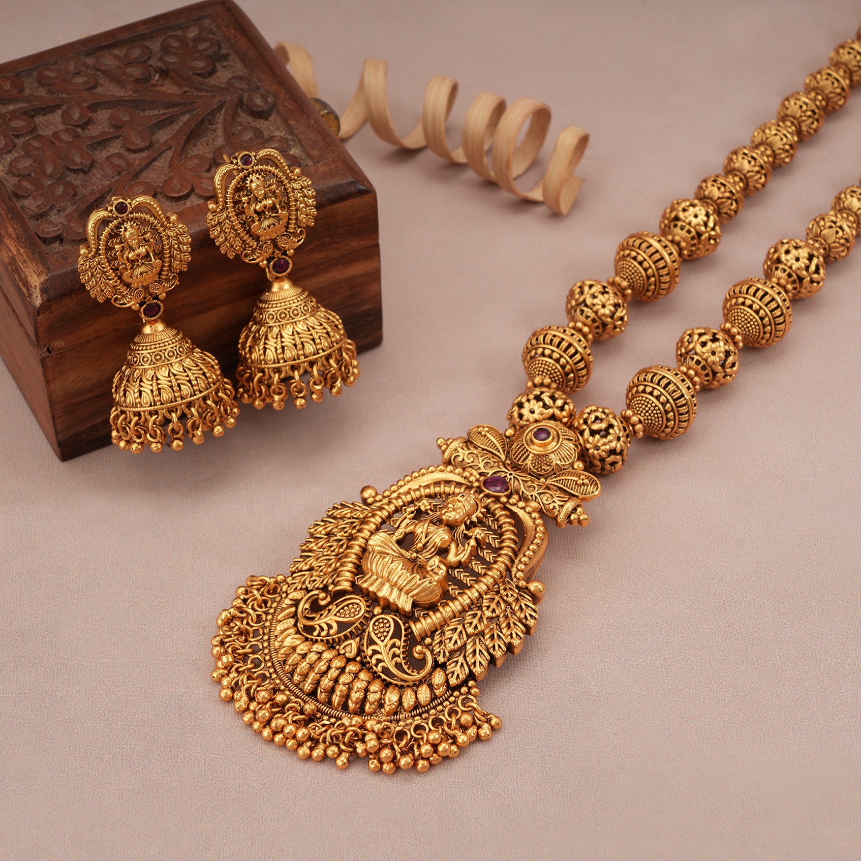 Amazing antique gold long maa lakshmi necklace set with jhumka earring I Temple Jewellery