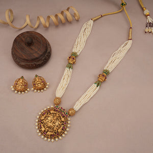 Long antique gold pearl maa lakshmi necklace set I Temple jewellery