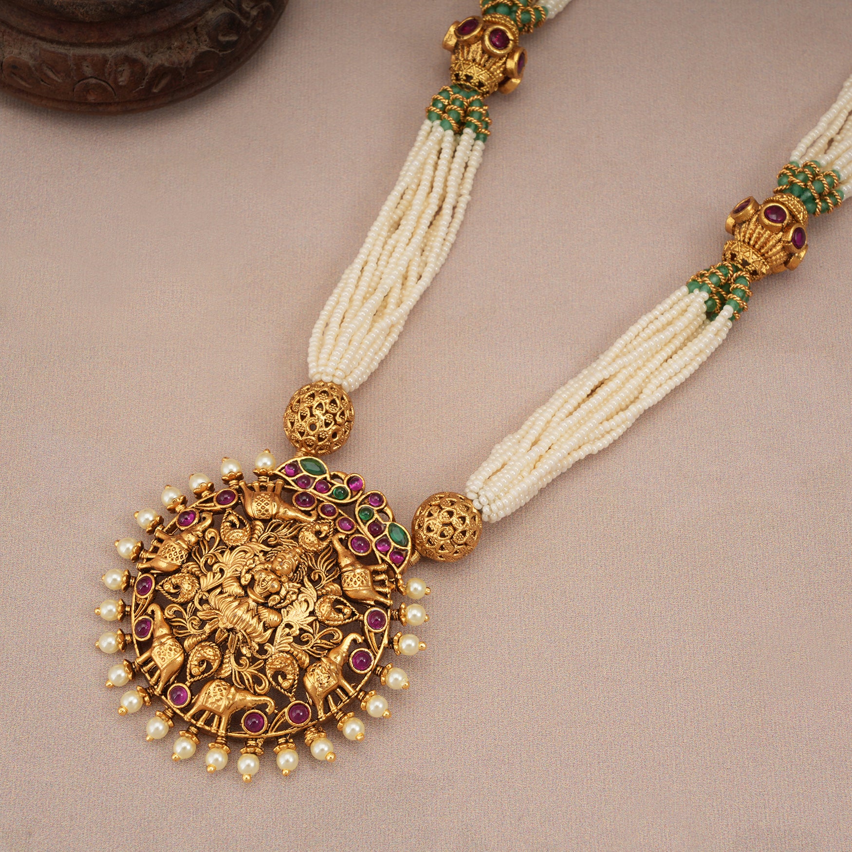 Long antique gold pearl maa lakshmi necklace set I Temple jewellery