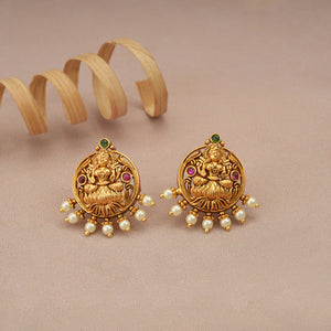 Long antique gold pearl maa lakshmi necklace set I Temple jewellery