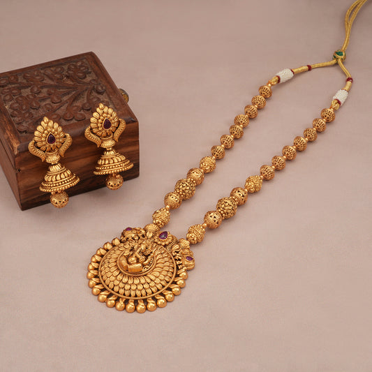 Auspicious antique gold Lord Ganesha long necklace set