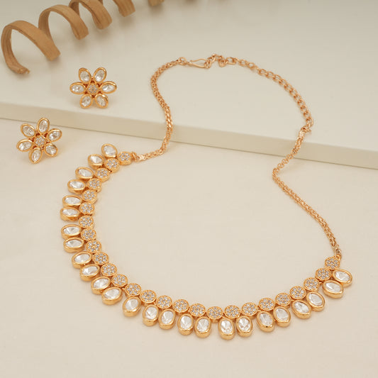 Stunning gold plated single line kundan necklace set