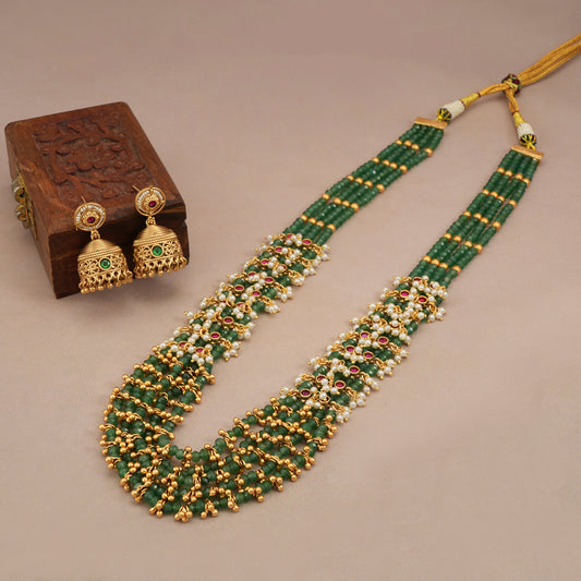 Long emerald green stone pearl drop gold plated necklace set