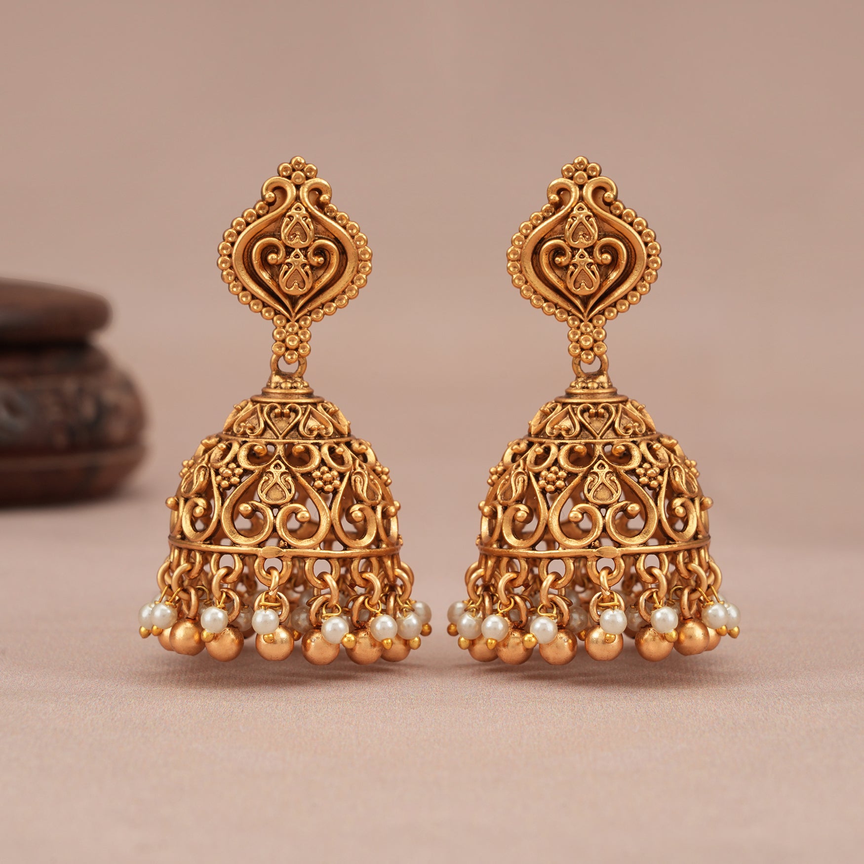 Cute antique gold carved pearl dop jhumka earring