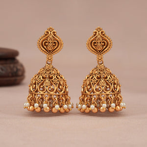 Cute antique gold carved pearl dop jhumka earring