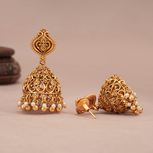 Cute antique gold carved pearl dop jhumka earring