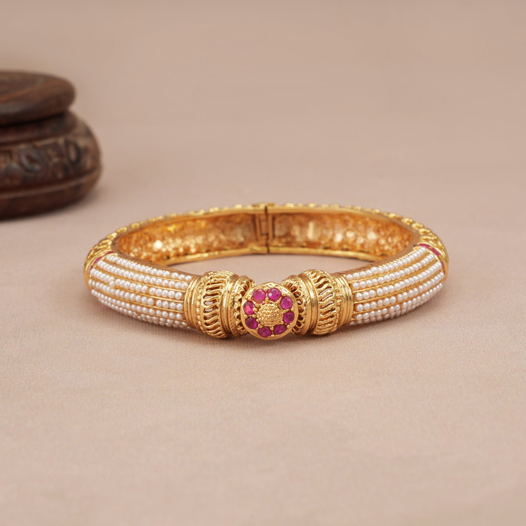 Gorgeous gold plated pearl openable kada