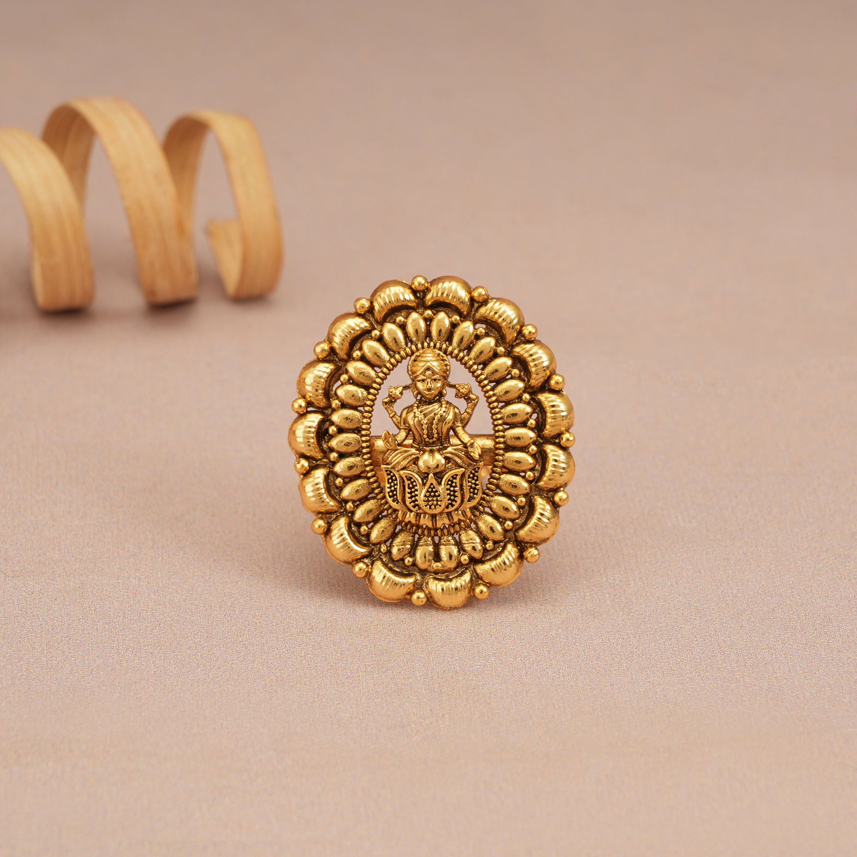 Cute plain antique gold maa lakshmi adjustable finger ring I Temple jewelry