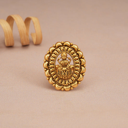 Cute plain antique gold maa lakshmi adjustable finger ring I Temple jewelry