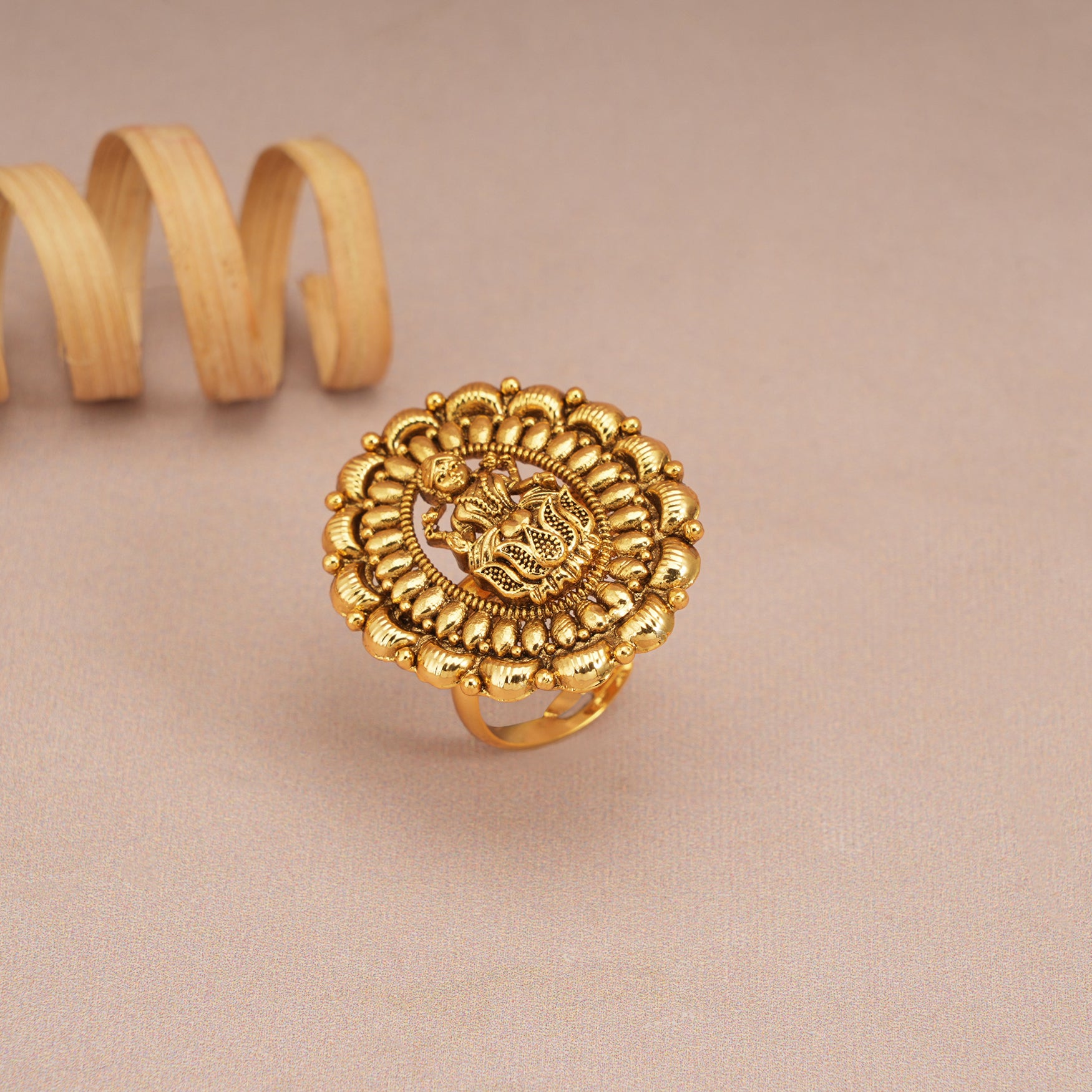 Cute plain antique gold maa lakshmi adjustable finger ring I Temple jewelry