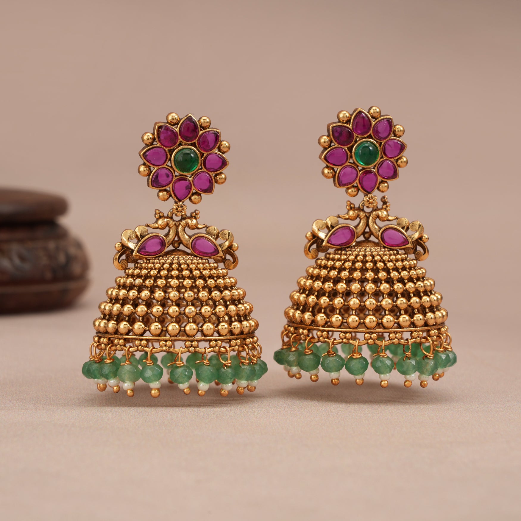 Stunning ruby stone antique gold plated jhumka earring