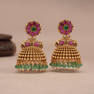 Stunning ruby stone antique gold plated jhumka earring