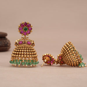 Stunning ruby stone antique gold plated jhumka earring