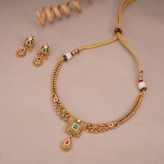 Stunning antique gold stone floral necklace set with earring