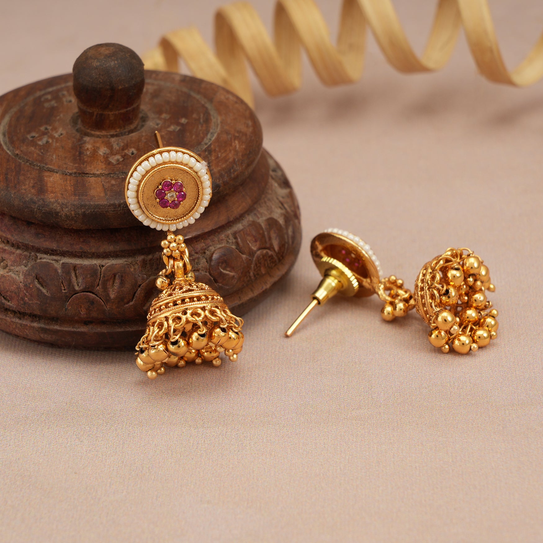 Beautiful antique gold long necklace set with jhumka earring