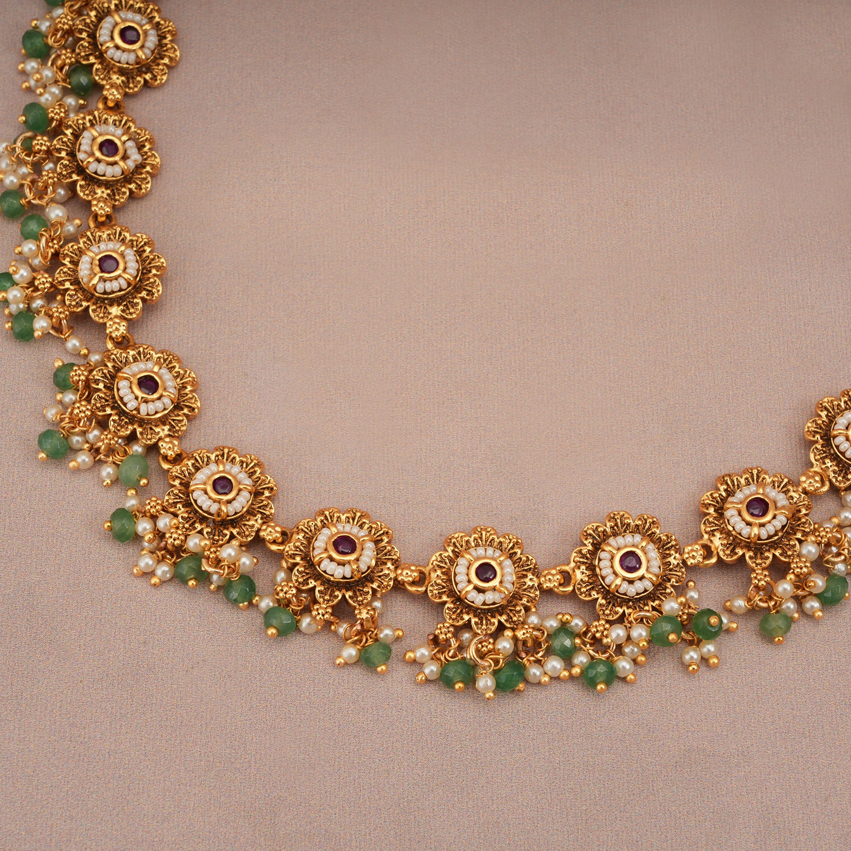 Cute antique gold pearl floral necklace set for women