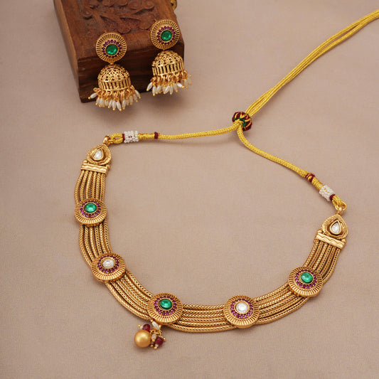 Stunning gold plated stone necklace set with pearl drop earring