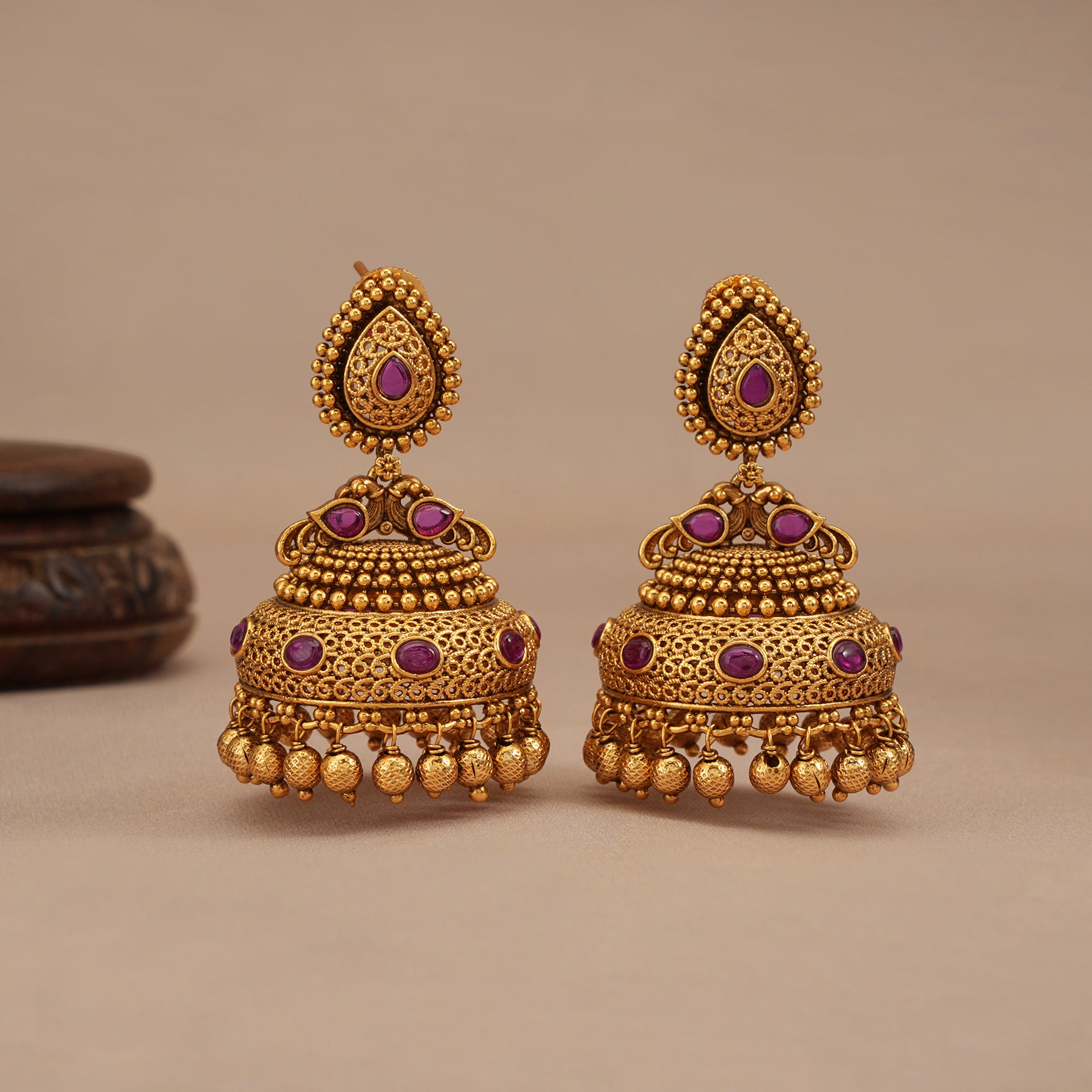 Stunning Ruby antique gold jhumka earring