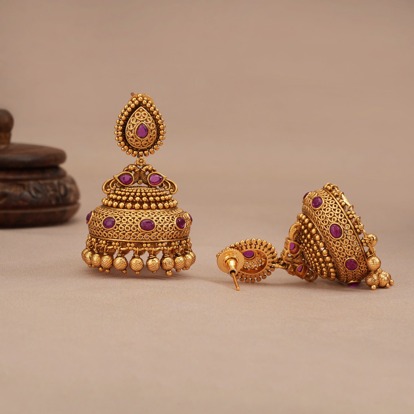 Stunning Ruby antique gold jhumka earring