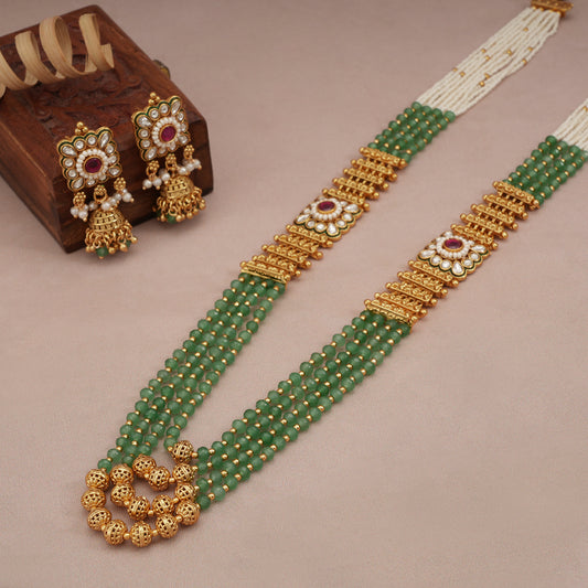 Long stunning multicolor gold plated layered mala necklace set