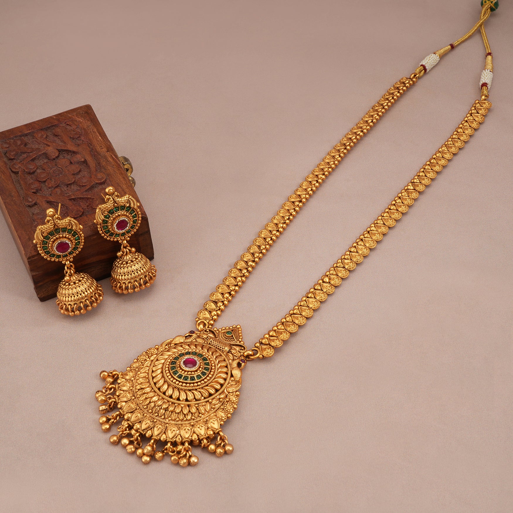 Stunning long gold plated carved necklace set with jhumka earring