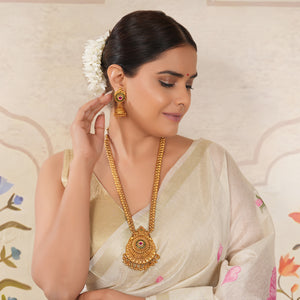 Stunning long gold plated carved necklace set with jhumka earring