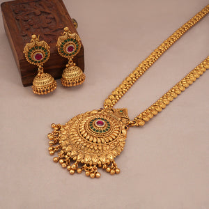 Stunning long gold plated carved necklace set with jhumka earring