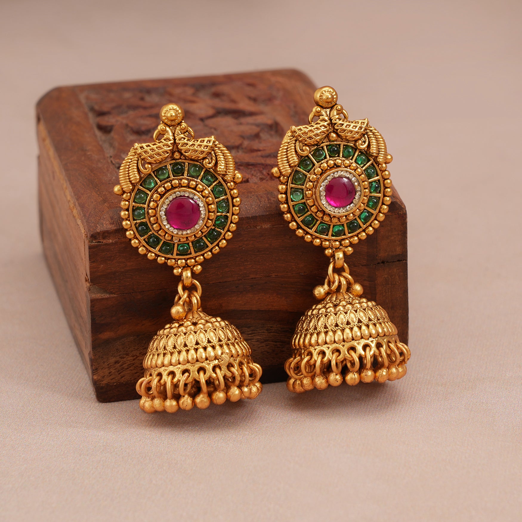 Stunning long gold plated carved necklace set with jhumka earring