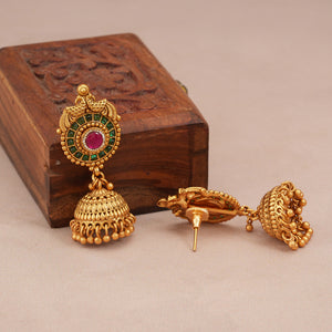 Stunning long gold plated carved necklace set with jhumka earring