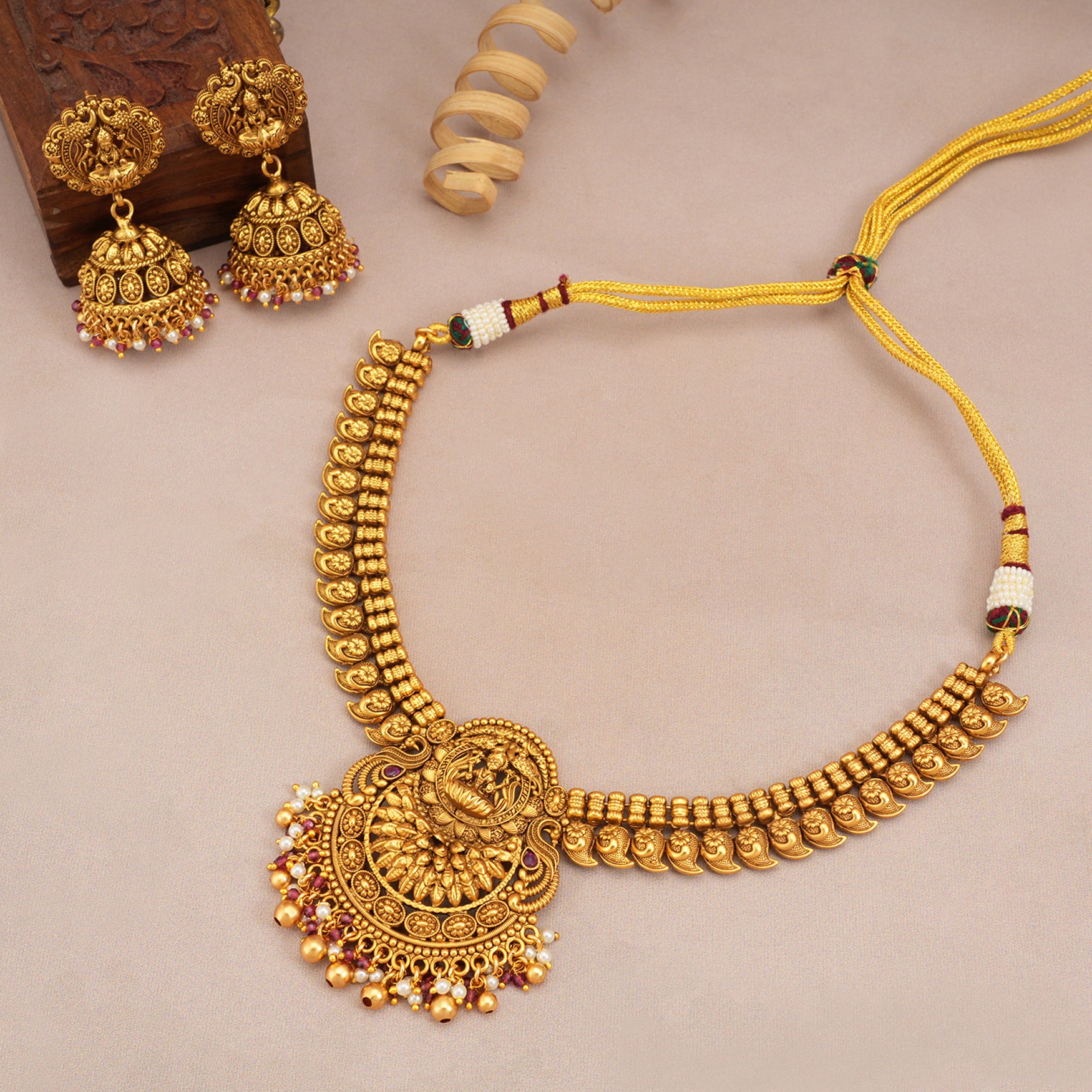 Gorgeous antique gold maa lakshmi necklace set with jhumka earring