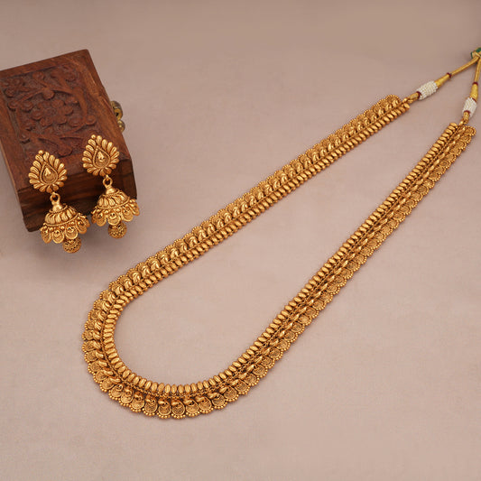 Long stunning plain antique gold haram necklace set with jhumka