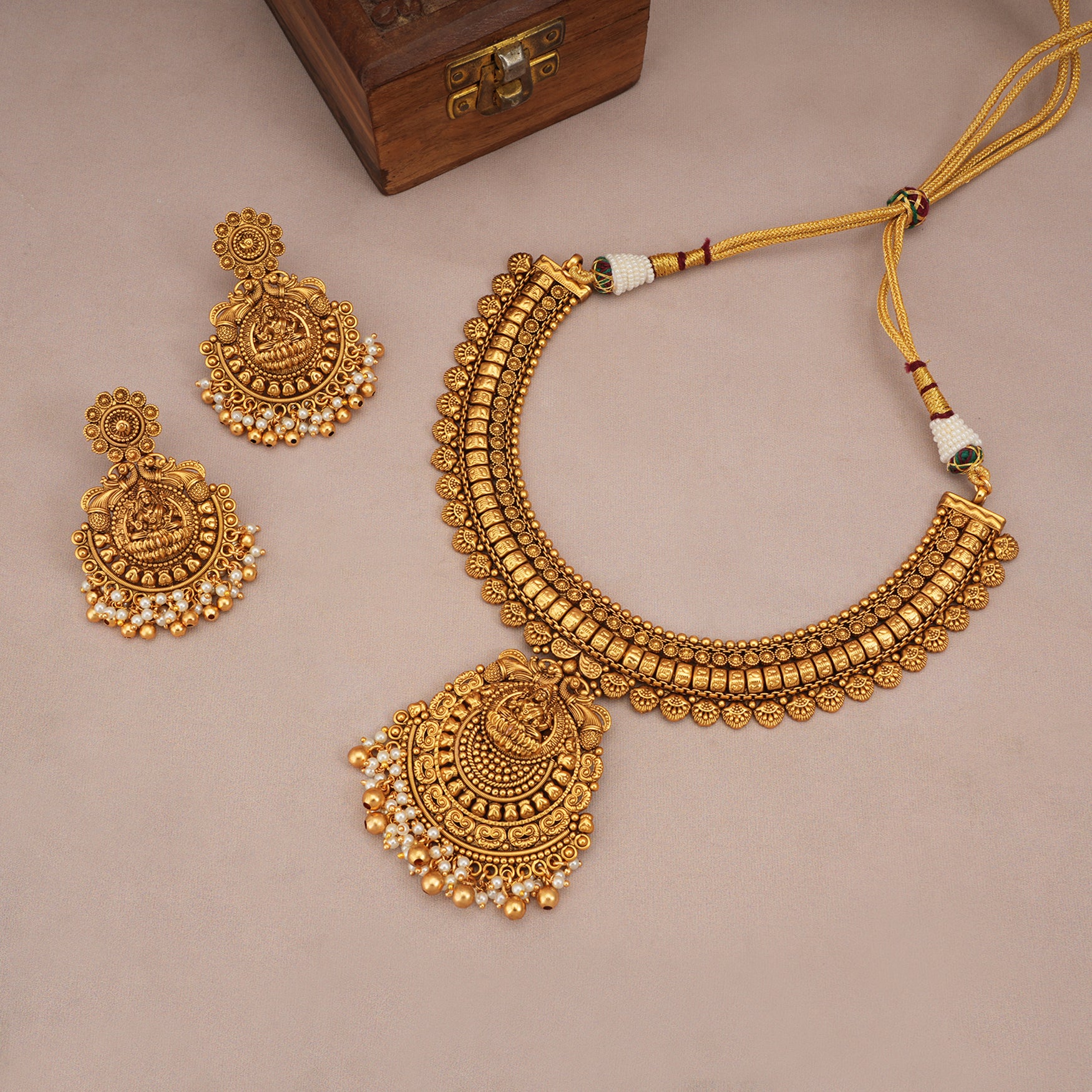 Amazing antique gold pearl drop maa Lakshmi necklace set with earring I New collection