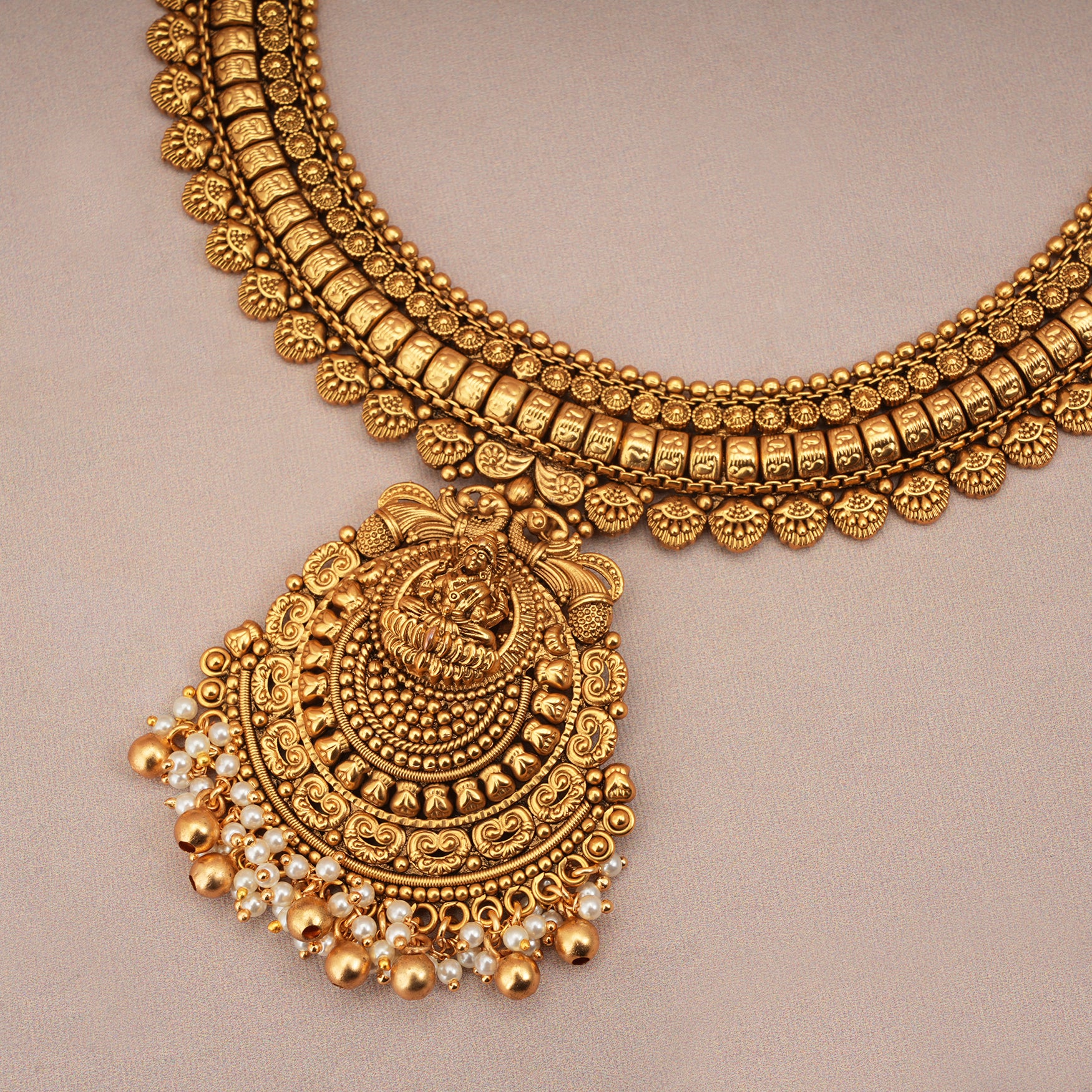 Amazing antique gold pearl drop maa Lakshmi necklace set with earring I New collection