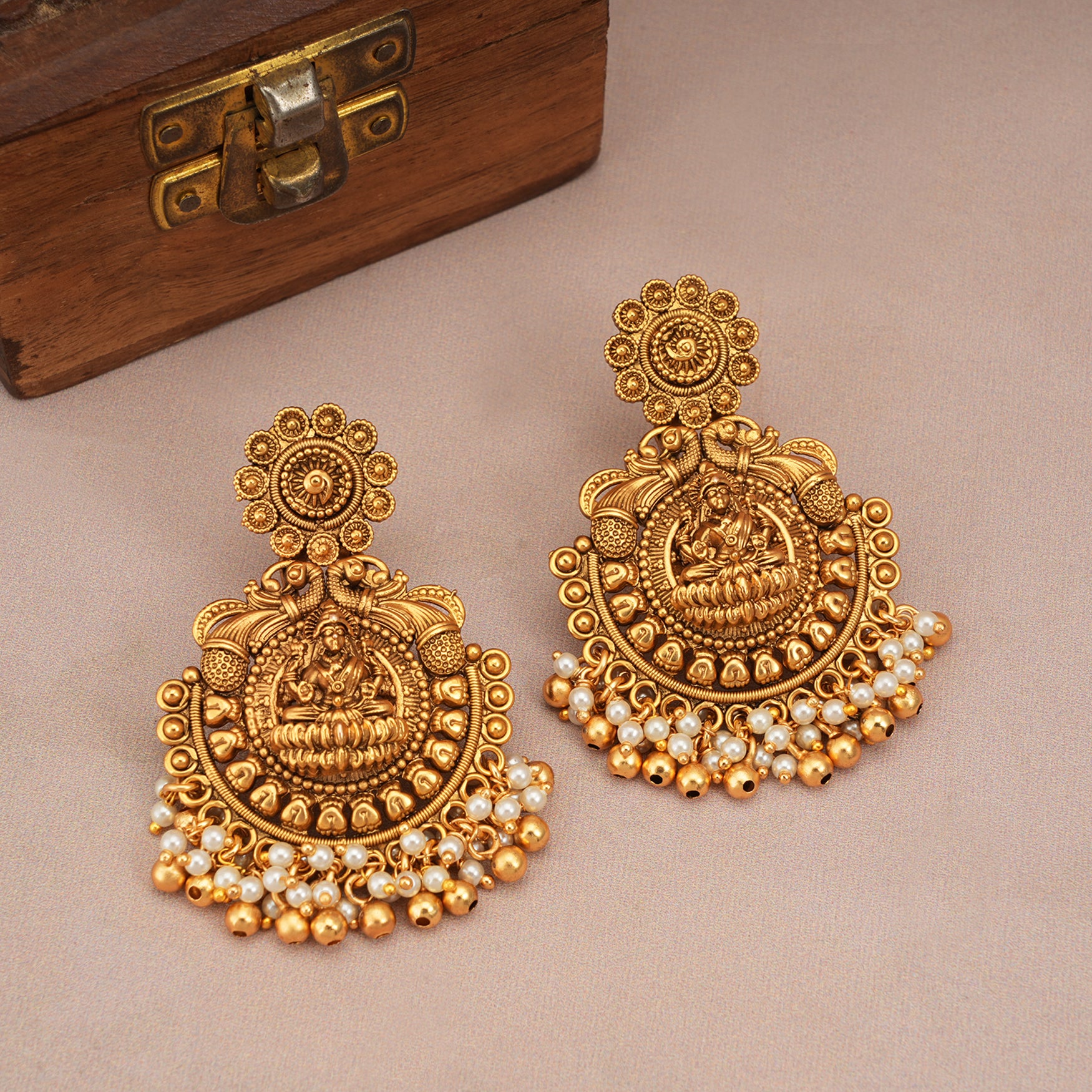 Amazing antique gold pearl drop maa Lakshmi necklace set with earring I New collection