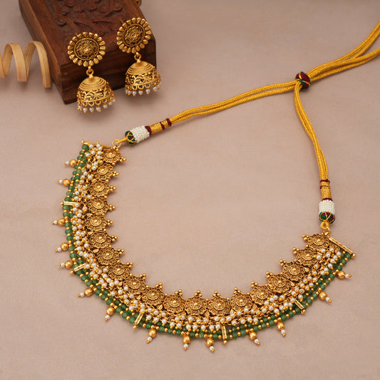 Amazing pearl floral antique gold green stone necklace set