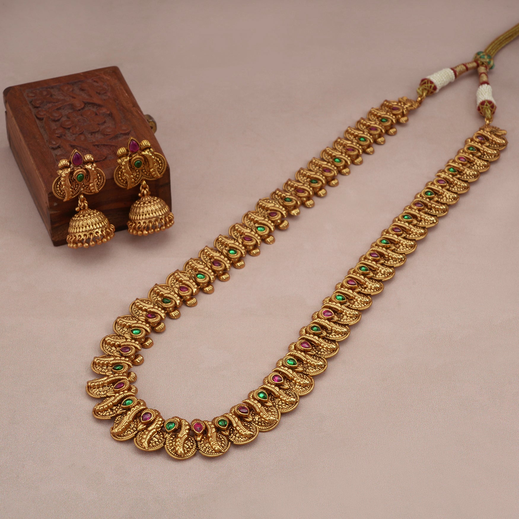 Stunning long antique gold stone necklace set with jhumka earring for women