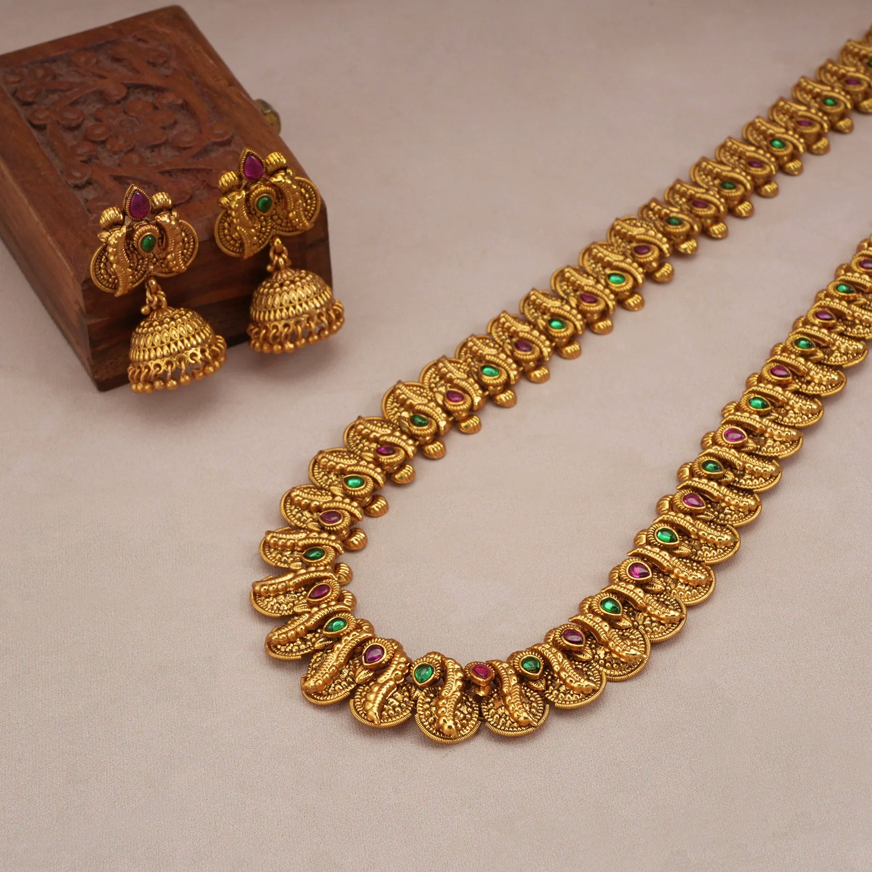 Stunning long antique gold stone necklace set with jhumka earring for women