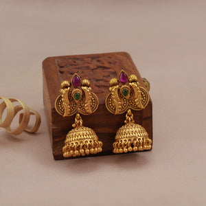 Stunning long antique gold stone necklace set with jhumka earring for women