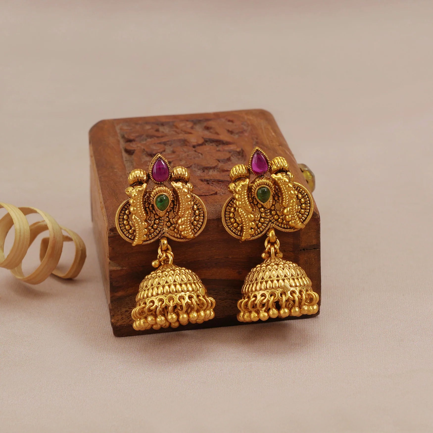 Stunning long antique gold stone necklace set with jhumka earring for women