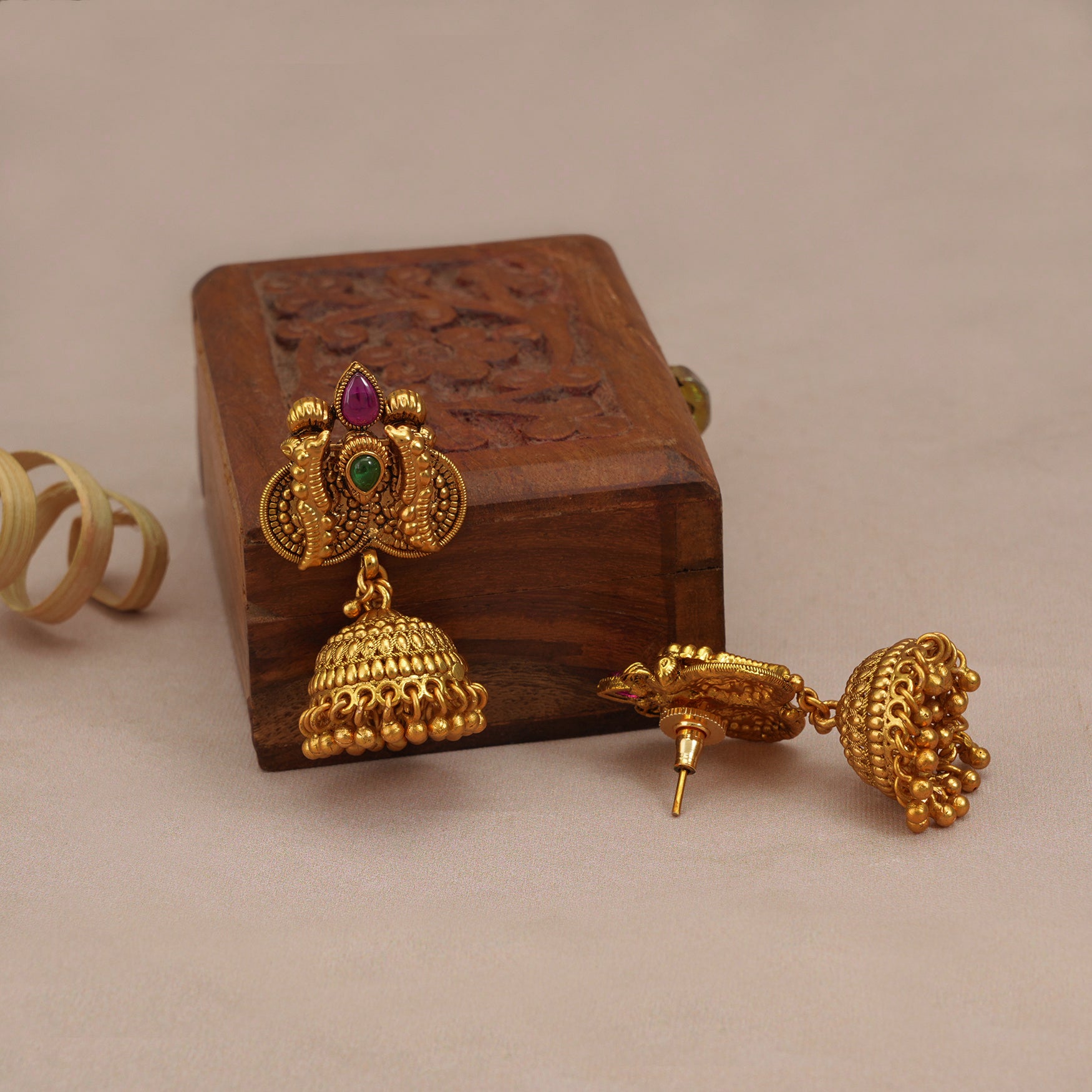 Stunning long antique gold stone necklace set with jhumka earring for women