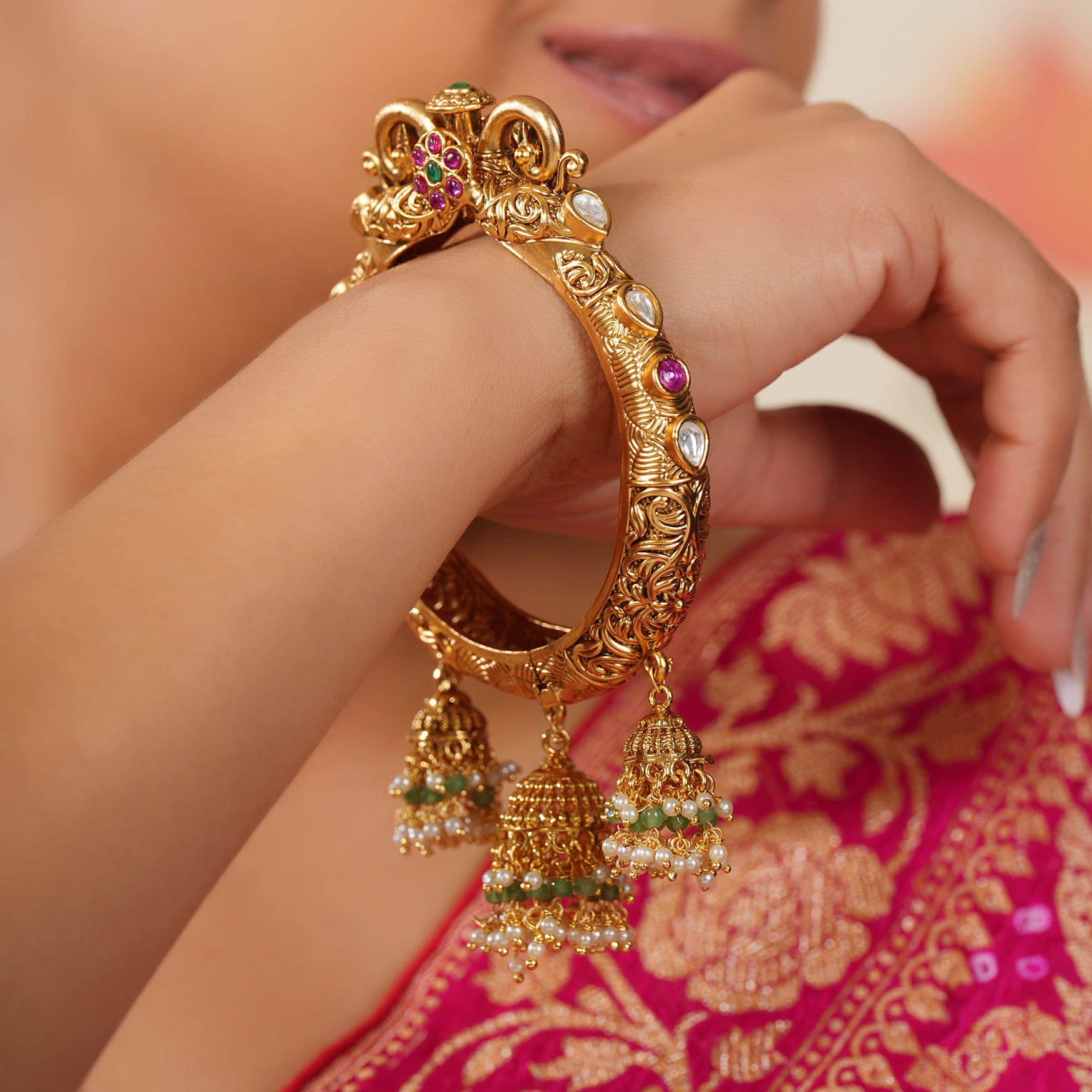 Stunning antique gold plated peacock kundan kada bangle