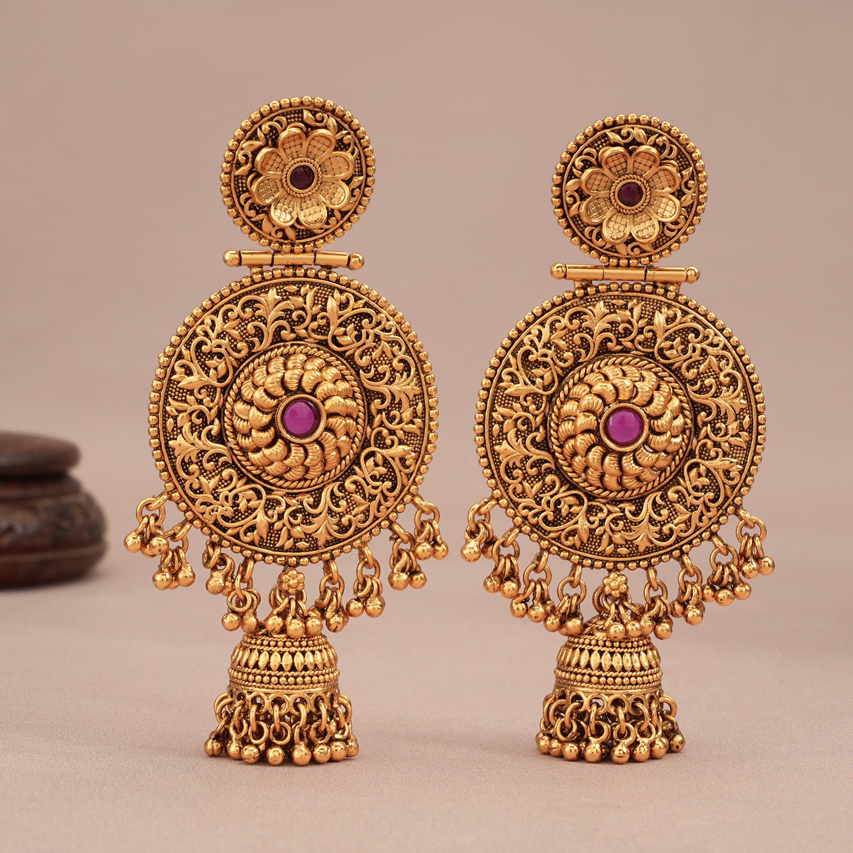 Long antique gold ruby stone jhumka earring for women