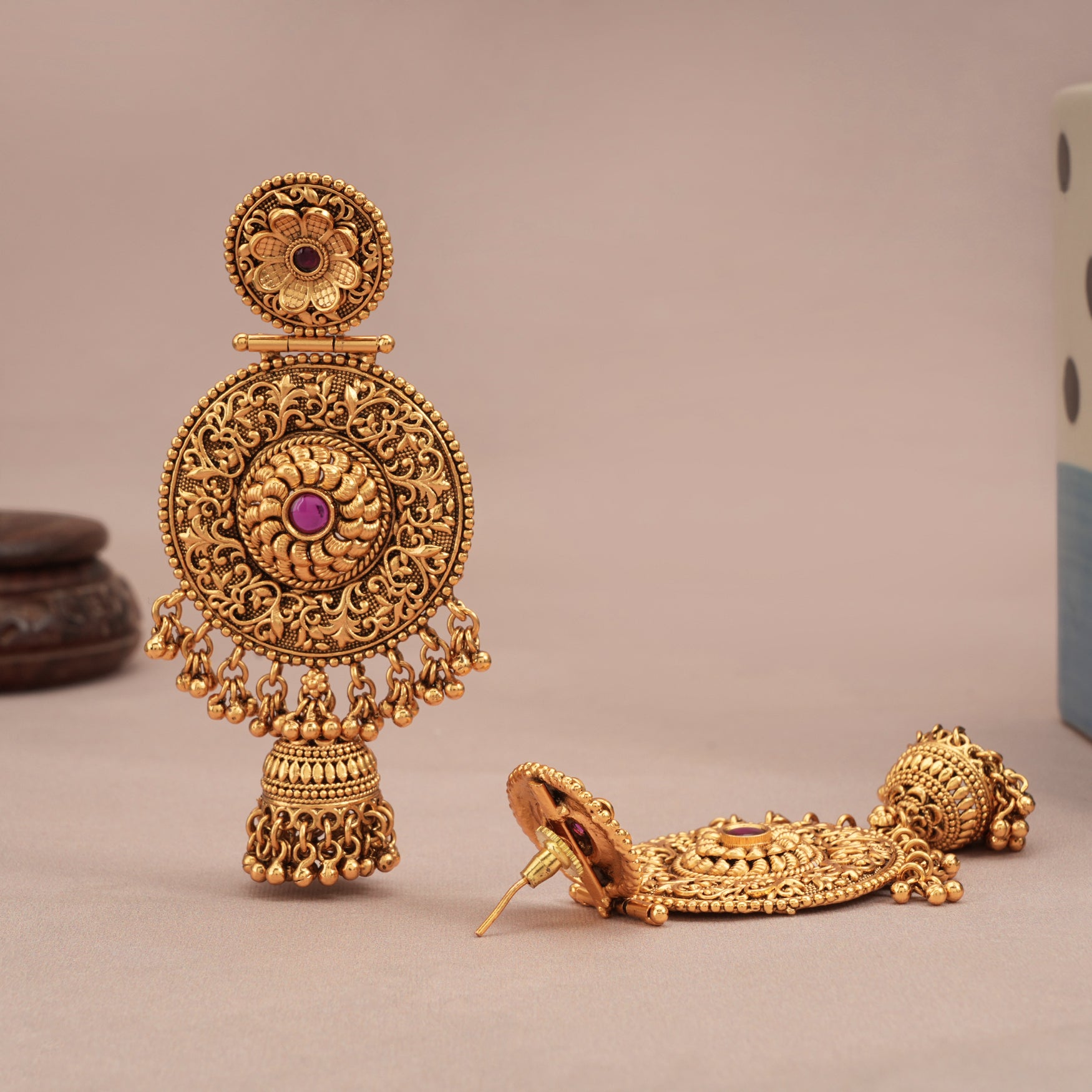 Long antique gold ruby stone jhumka earring for women