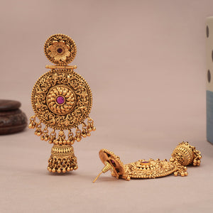 Long antique gold ruby stone jhumka earring for women