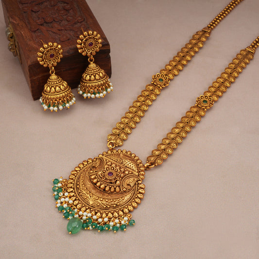 Long antique gold green stone drop necklace set